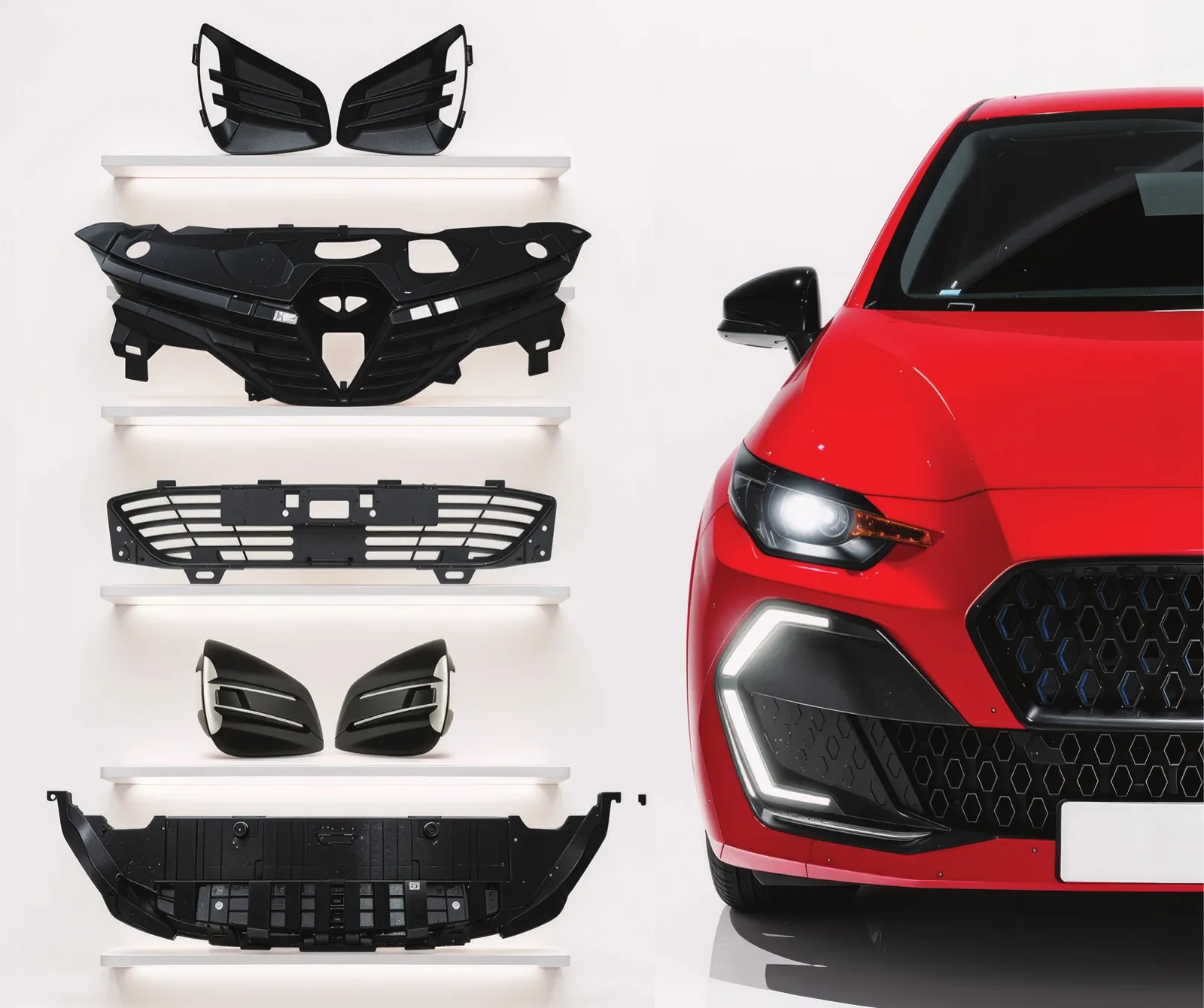 Raflarda NFast karoser parçaları ve yeni model bir araç / NFast body parts on shelves and a new-model vehicle